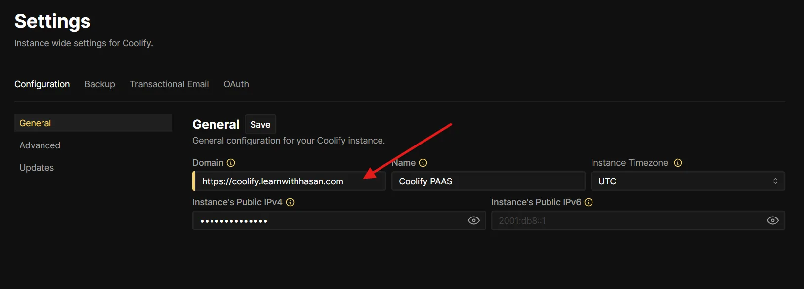 Coolify Settings page with a custom domain entered in the Instance Domain field.