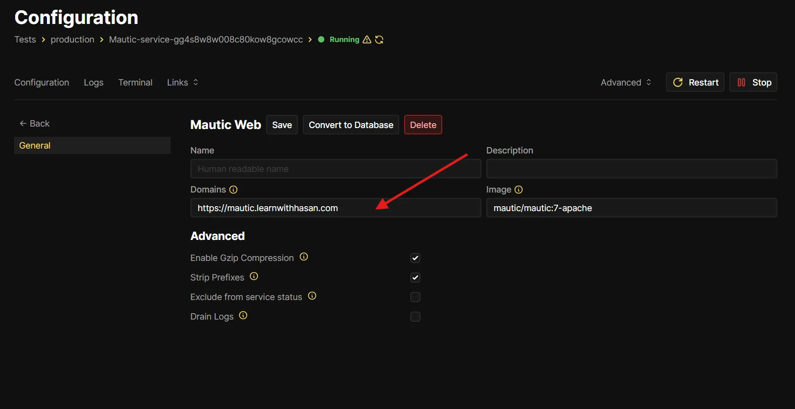Coolify Mautic Web service configuration on the General tab, with the Domains field set and a red arrow pointing to it.