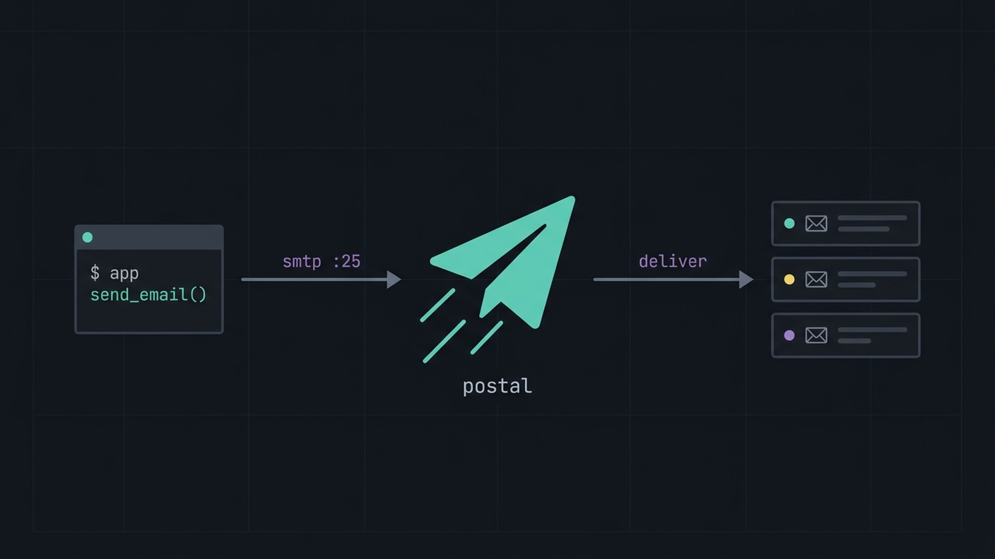 Postal SMTP architecture overview: your app on the left, Postal in the center with envelopes flying out, recipient inboxes on the right. Arrows show the flow from your app, through Postal, to recipient inboxes.