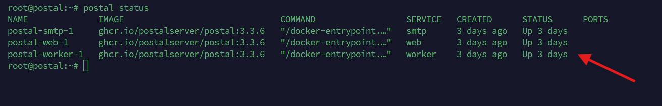 Terminal output of postal status showing three containers all running ghcr.io/postalserver/postal:3.3.6 with status 'Up 3 days'.
