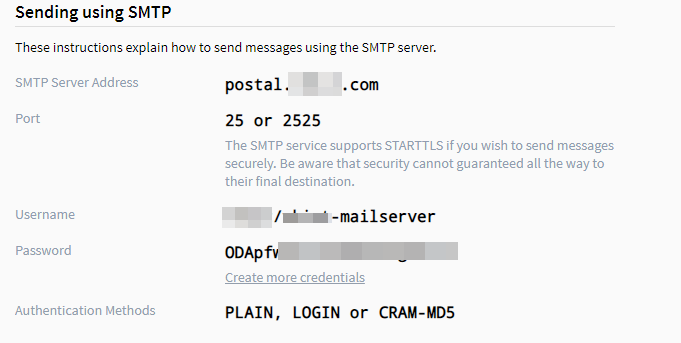 Postal 'Sending using SMTP' panel showing SMTP server address, ports 25 or 2525, username and password fields (redacted), and supported authentication methods PLAIN, LOGIN, CRAM-MD5.