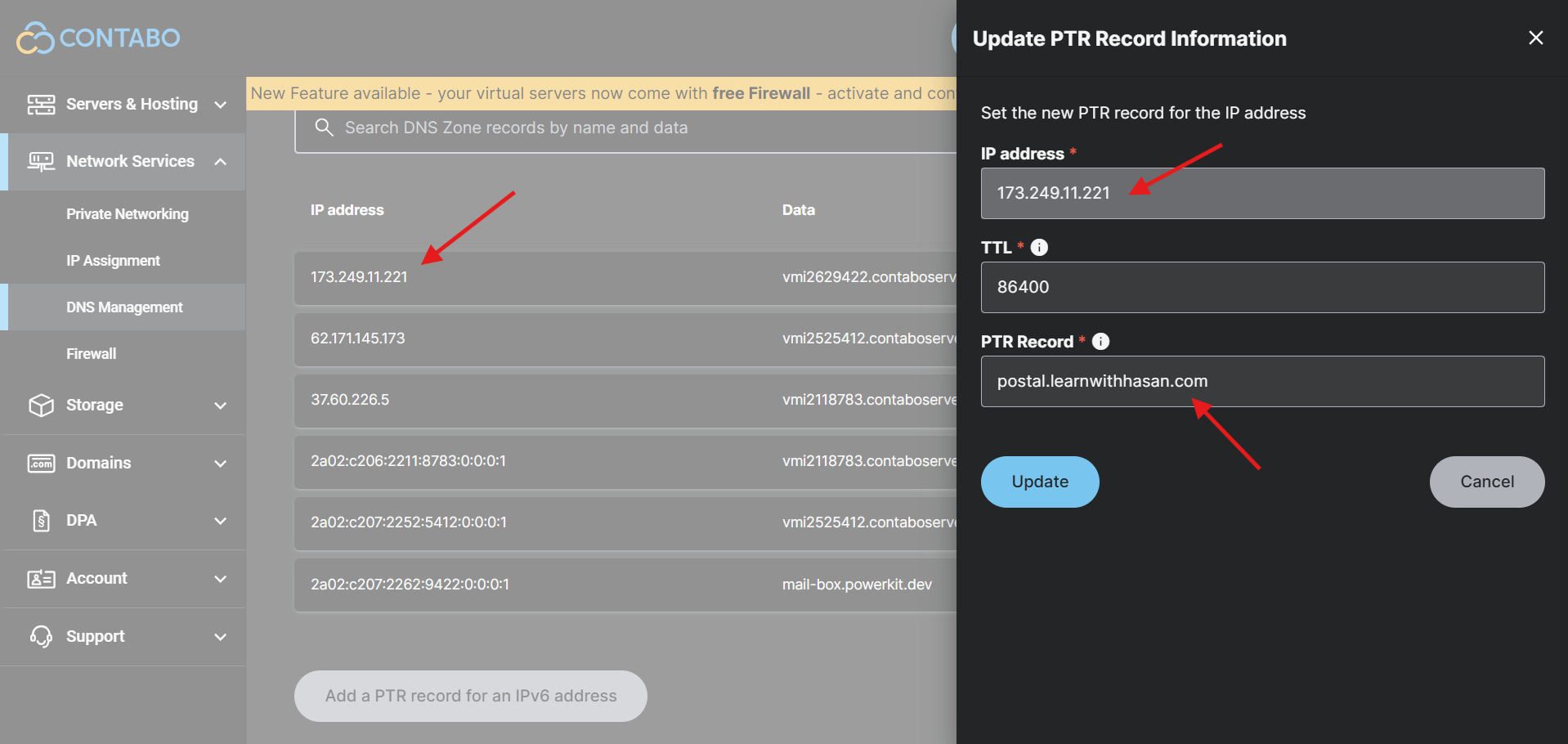 Contabo DNS Management showing the Update PTR Record Information modal with IP address and PTR Record filled in.