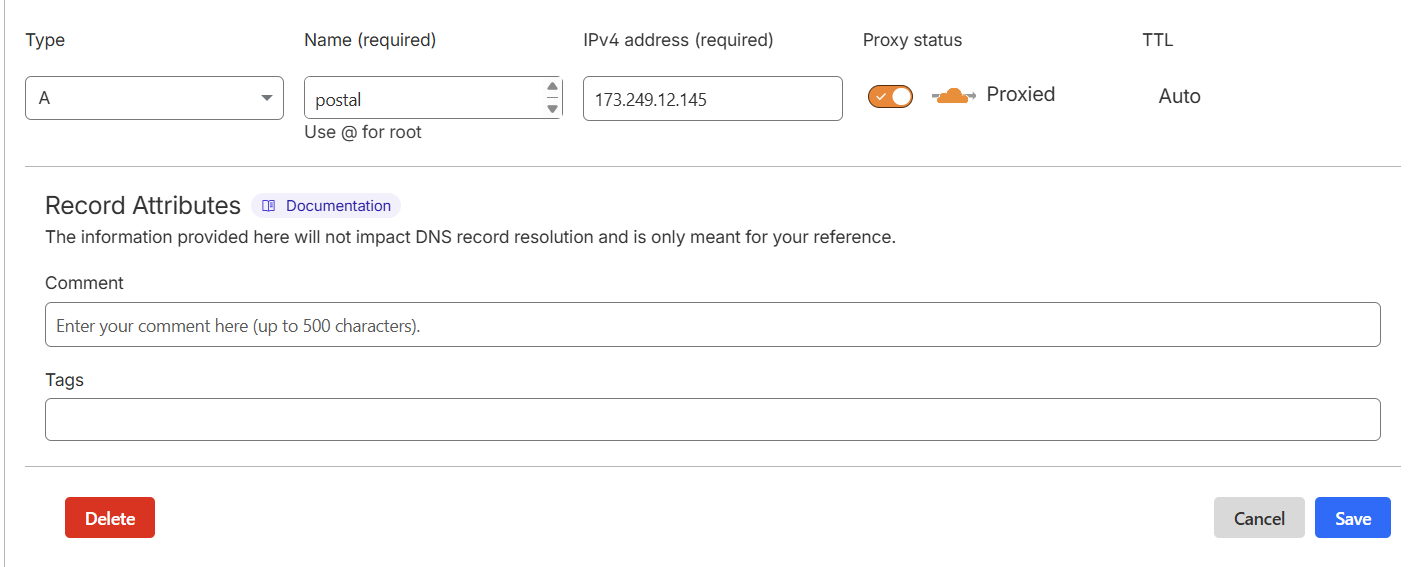 Cloudflare DNS edit form: A record, name 'postal', IPv4, Proxy status toggle off.